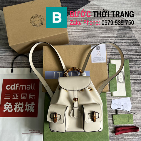 Ba lô Gucci quai trúc Bamboo small backpack màu trắng kem size 22cm - 702101