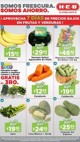 Ofertas HEB precios bajos en frutas y verduras hasta el 3 de Octubre del 2022