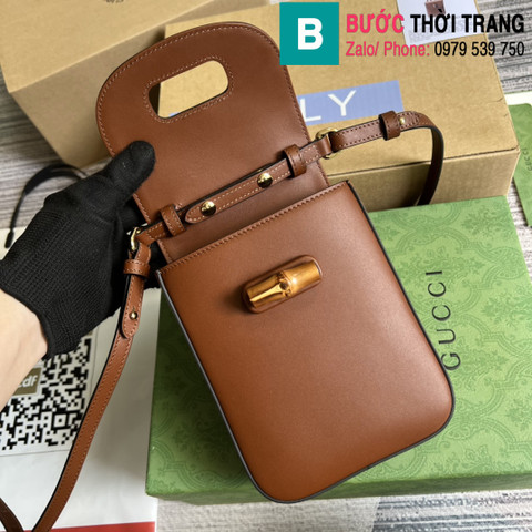 Túi xách Gucci Bamboo mini handbag siêu cấp da bê màu nâu bò size 14cm