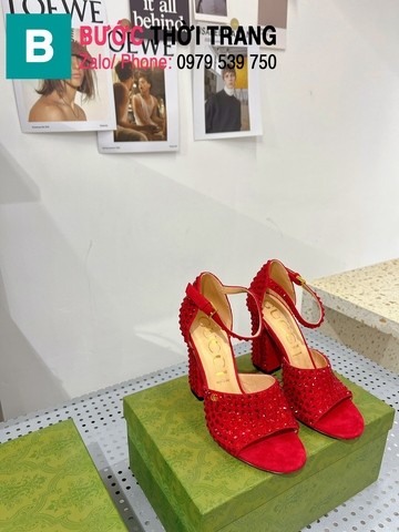 Giày cao gót Gucci đính đá màu đỏ dòng siêu cấp 7.5cm 