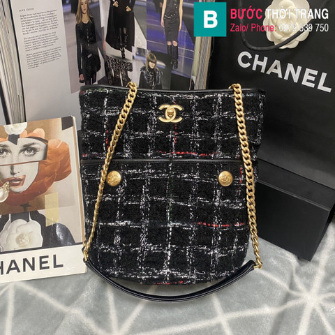 Túi xách Chanel tweed hobo maix siêu cấp canvas màu đen size 21cm 