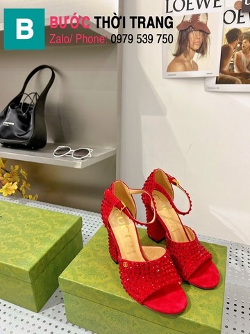 Giày cao gót Gucci đính đá màu đỏ dòng siêu cấp 7.5cm 