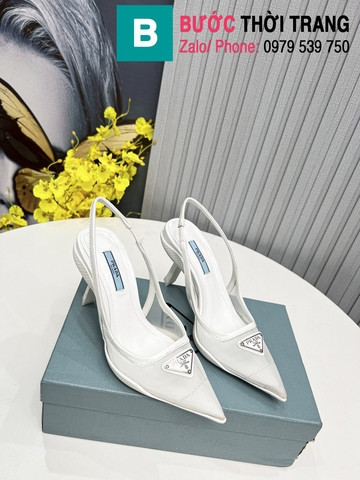 Giày cao gót Prada quai ngang mũi nhọn lưới màu trắng 8.5cm