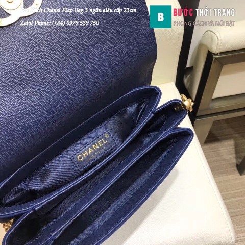 Túi Xách Chanel Flap Bag 3 ngăn siêu cấp màu xanh size 23cm