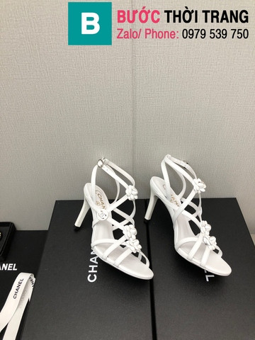 Giày cao gót Chanel quai dây đan màu trắng