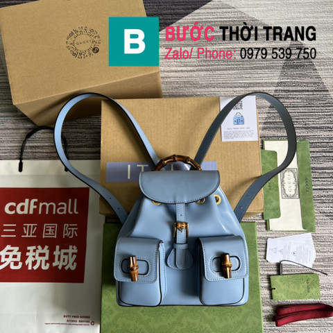 Ba lô Gucci quai trúc Bamboo small backpack màu xanh size 22cm - 702101