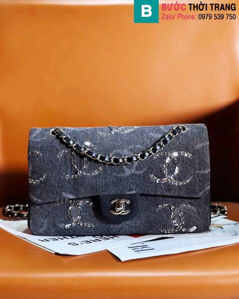 Túi xách Chanel siêu cấp canvas màu xám size 25.5cm