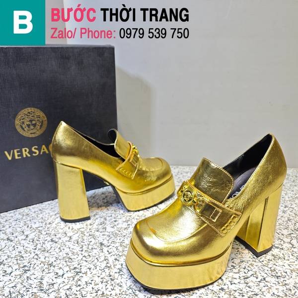 Giày cao gót Versace gắn logo màu vàng chân vuông 11cm