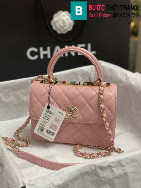 Túi xách Chanel Top Handle Flap Bag siêu cấp da cừu màu hồng size 19.5cm 