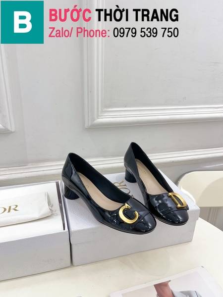 Giày cao gót Dior mũi tròn gắn logo gót trụ cao 3.5cm màu đen