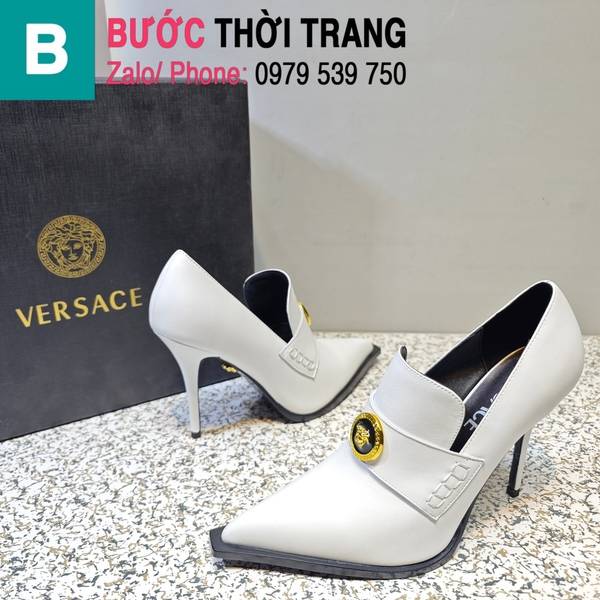 Giày cao gót Versace gắn logo màu trắng da lì cao 11.5cm