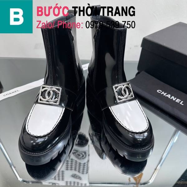 Boot da bóng Chanel cổ thấp khóa kéo màu đen trắng