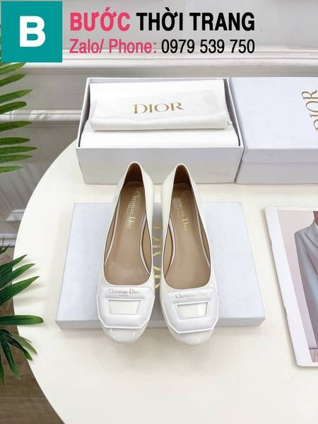 Giày cao gót Dior mũi tròn gót trụ cao 3.5cm màu trắng