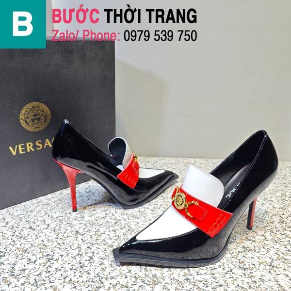 Giày cao gót Versace gắn logo da trơn màu đen đỏ cao 11.5cm