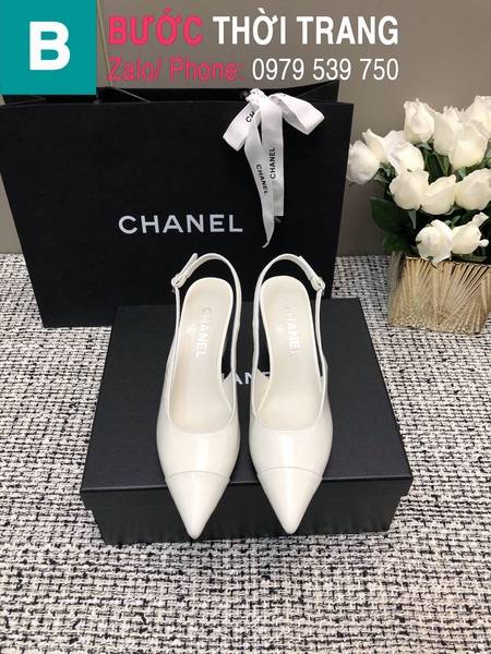 Giày cao gót Chanel quai dây mũi nhọn màu trắng cao 6.5cm