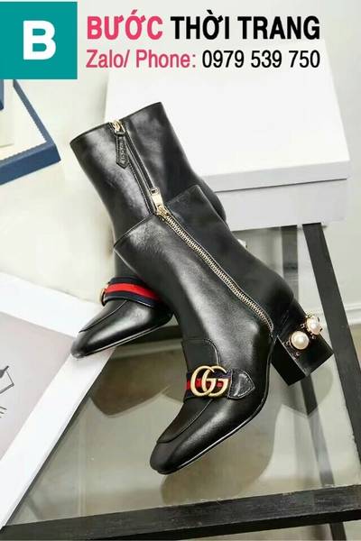 Boot da Gucci gắn logo mũi vuông gót vuông đính ngọc