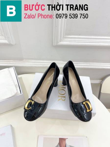 Giày cao gót Dior mũi tròn gắn logo gót trụ cao 7.5cm màu đen