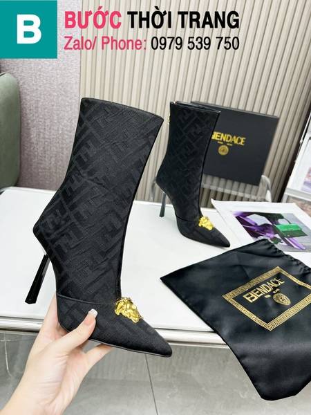 Boot Versace x Fendi cổ thấp chân kim mũi nhọn màu đen