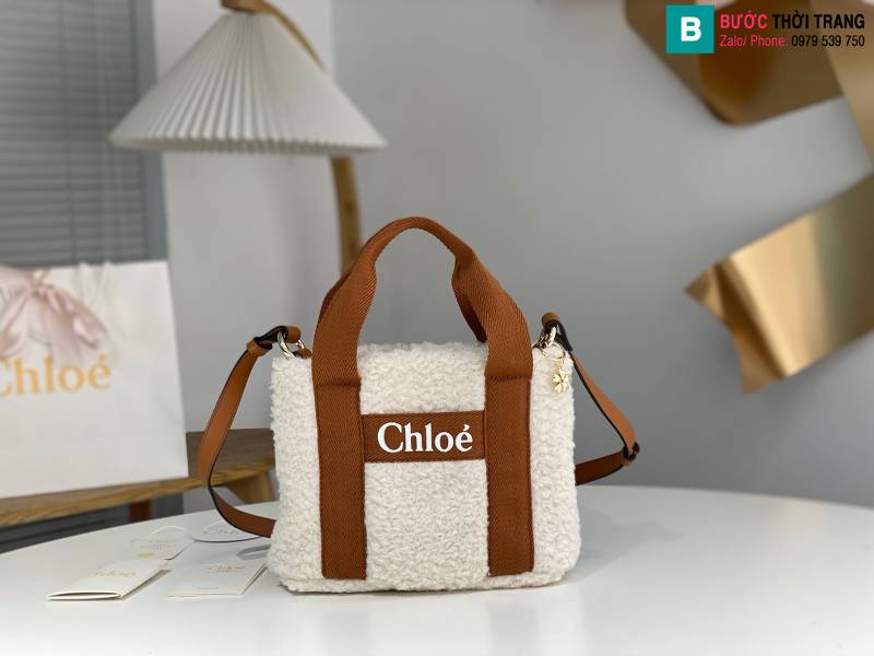 Túi xách Chloe Woody siêu cấp lông cừu màu trắng nâu size 25cm 