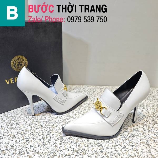Giày cao gót Versace gắn logo da trơn màu trắng cao 11.5cm