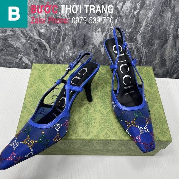 Giày cao gót Gucci quai dây đính đá màu xanh lam 7.5cm