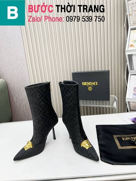 Boot Versace x Fendi cổ thấp chân kim mũi nhọn màu đen