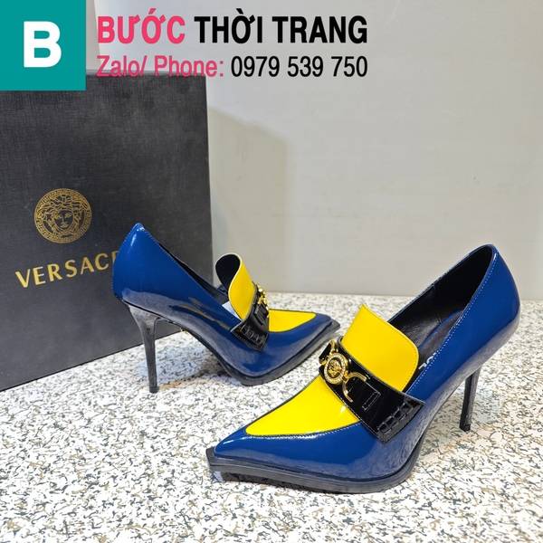 Giày cao gót Versace gắn logo da trơn màu xanh vàng cao 11.5cm