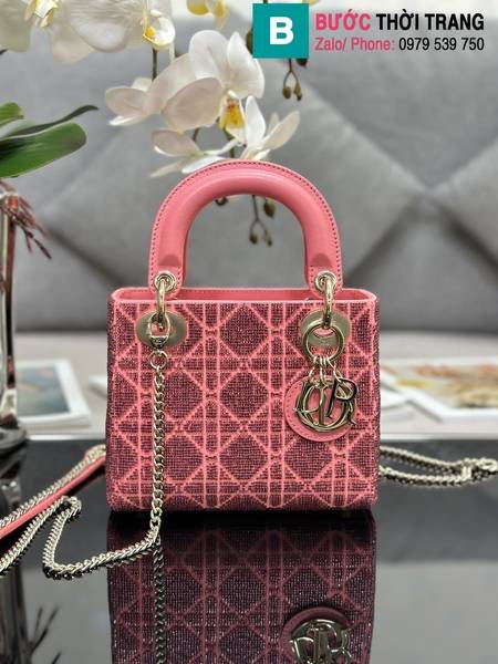 Túi xách Dior Lady D-Joy siêu cấp canvas màu hồng size 17cm 
