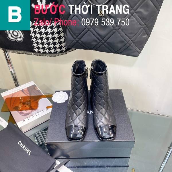 Boot da Chanel chân vuông khóa kéo màu đen 5cm