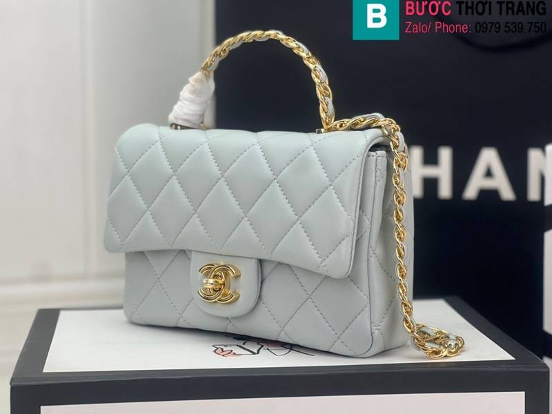 Túi xách Chanel Coco cao cấp da cừu màu xanh trắng size 21cm