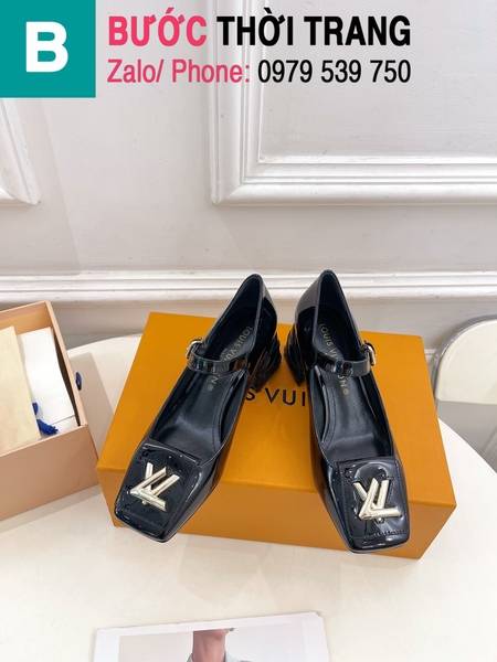Giày cao gót LV quai ngang mũi vuông gắn logo cao 5.5cm màu đen bóng