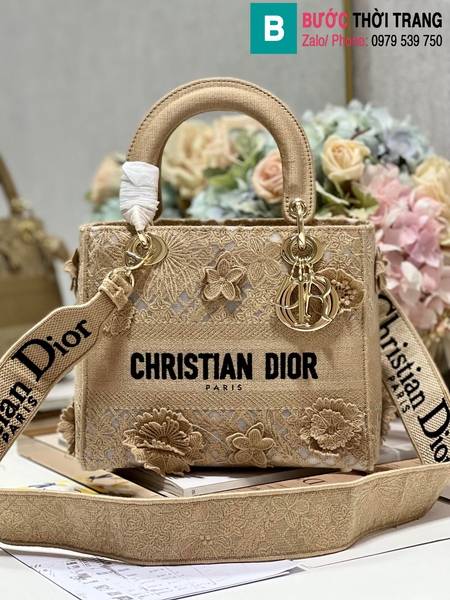 Túi xách Dior Lady cao cấp canvas màu nude size 24cm 