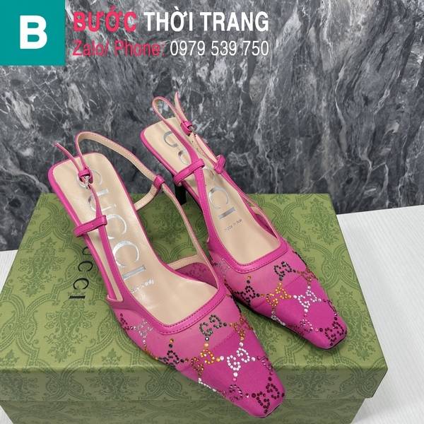 Giày cao gót Gucci quai dây đính đá màu hồng 7.5cm