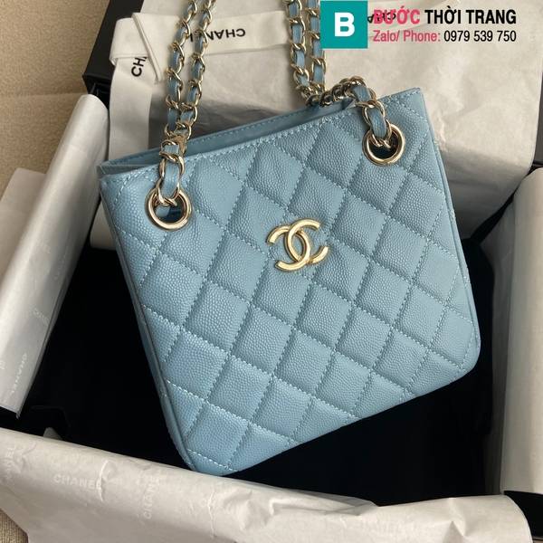 Túi xách Chanel Chin Tote Shoulder Bang cao cấp da cừu màu xanh nước size 16cm