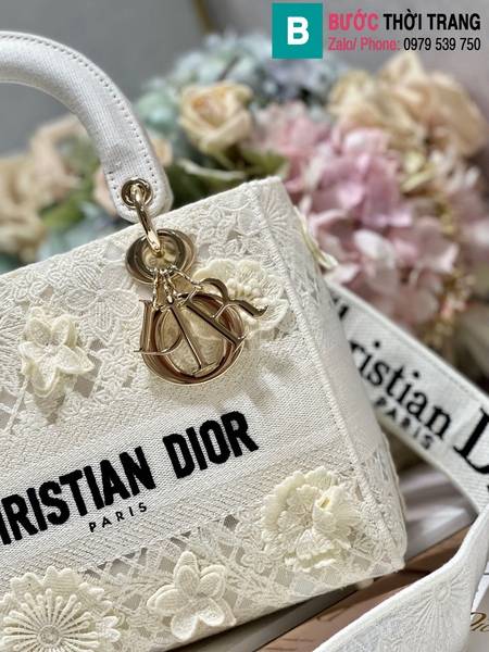 Túi xách Dior Lady cao cấp canvas màu trắng size 24cm