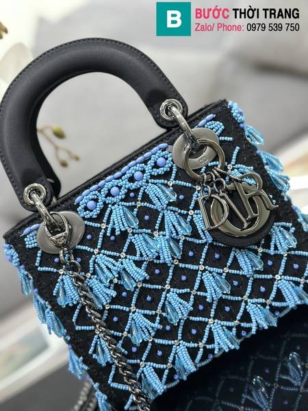 Túi xách Dior Lady D-Joy siêu cấp canvas màu xanh size 17cm 