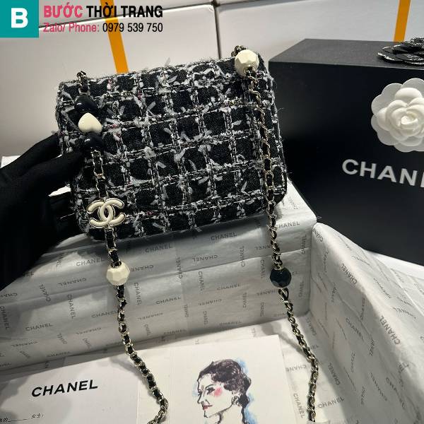 Túi đeo chéo Chanel siêu cấp canvas màu đen size 16cm