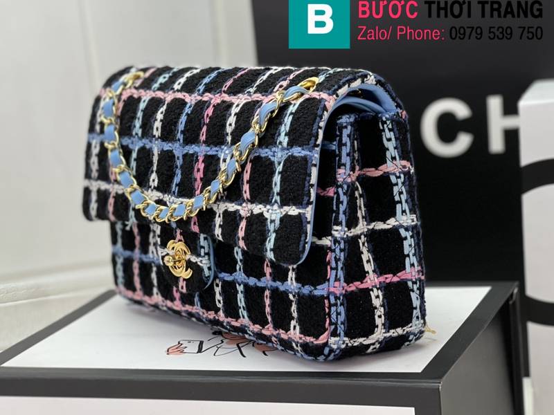 Túi xách Chanel Cf Classic Flap bag siêu cấp canvas màu sọc xanh size 25cm 