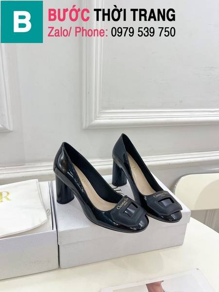 Giày cao gót Dior mũi tròn gót trụ cao 7.5cm màu đen