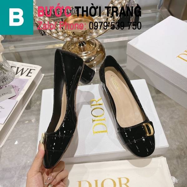 Giày cao gót Dior mũi tròn gắn logo gót trụ cao 3.5cm màu đen 