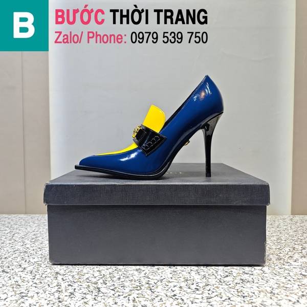 Giày cao gót Versace gắn logo da trơn màu xanh vàng cao 11.5cm