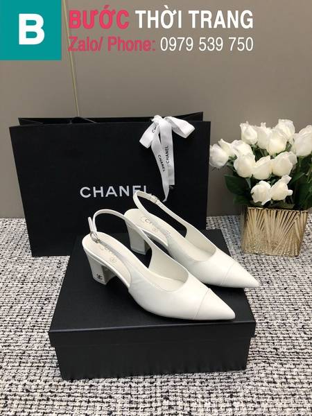 Giày cao gót Chanel quai dây mũi nhọn màu trắng cao 6.5cmg