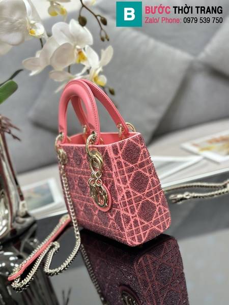 Túi xách Dior Lady D-Joy siêu cấp canvas màu hồng size 17cm 