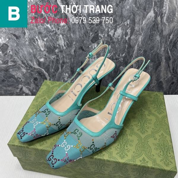Giày cao gót Gucci quai dây đính đá màu xanh ngọc 7.5cm
