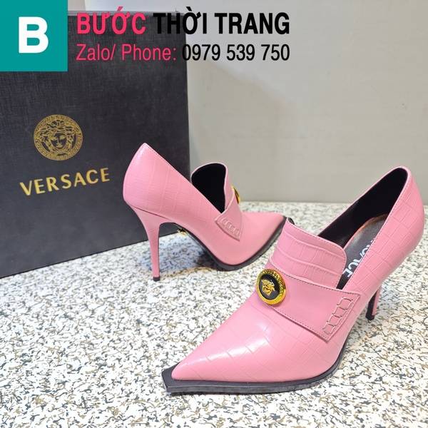 Giày cao gót Versace gắn logo màu hồng cao 11.5cm