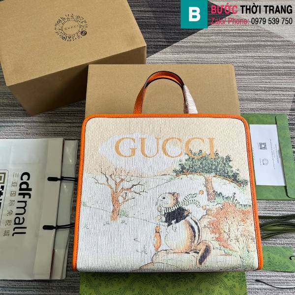 Túi xách Gucci Tote siêu cấp canvas màu cam size 28.5cm