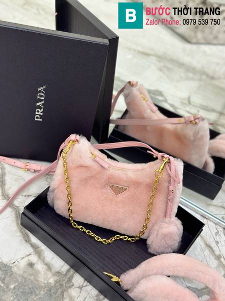 Túi xách Prada Hobo siêu cấp lông cừu màu hồng size 22cm