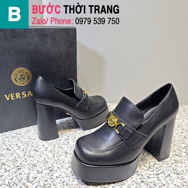 Giày cao gót Versace gắn logo màu đen chân vuông 11cm