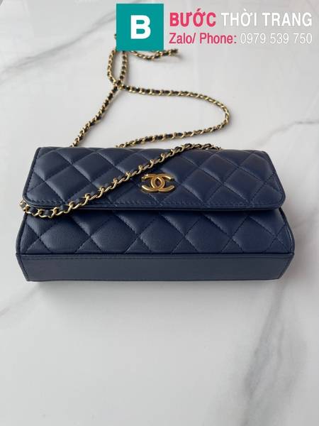 Túi đeo chéo Chanel cao cấp da cừu màu xanh than size 19cm