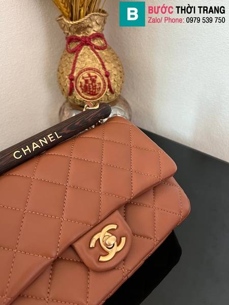 Túi xách Chanel Small Flap With Top Handle cao cấp da cừu màu nâu size 21cm